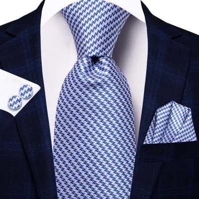 Hi-Tie Világoskék csíkos Újszerű selyem esküvői nyakkendő férfiaknak Handky mandzsettagombok Nicktie szett Divattervezés Üzleti Party Dropship