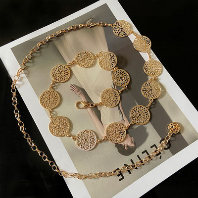 Elegáns kerek fém öv nőknek Retro arany ezüst faragott üreges lánc hosszú övek divatos ruha dekoratív női derékpánt