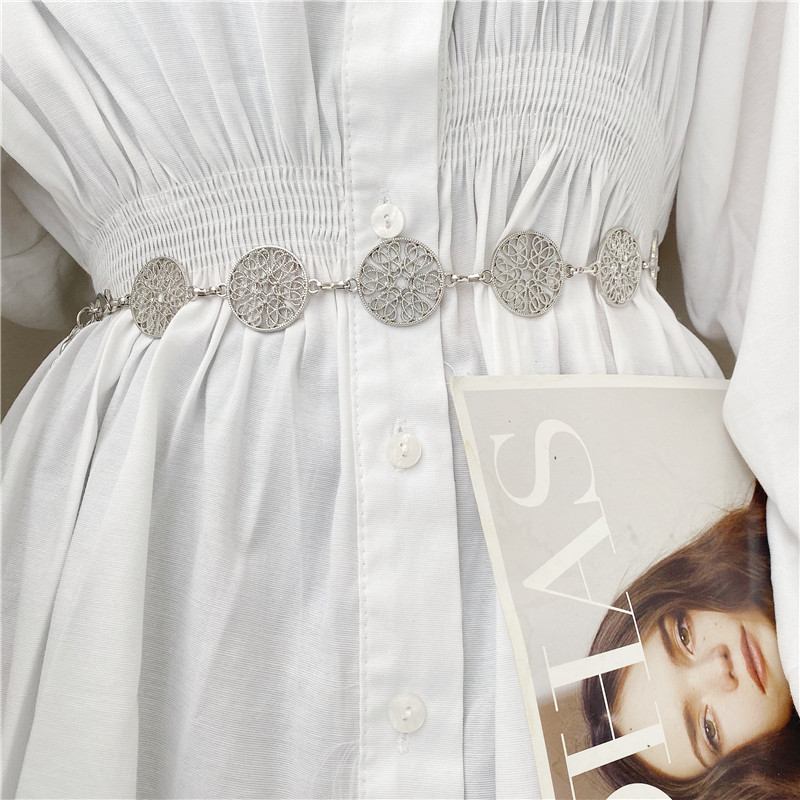 Elegáns kerek fém öv nőknek Retro arany ezüst faragott üreges lánc hosszú övek divatos ruha dekoratív női derékpánt