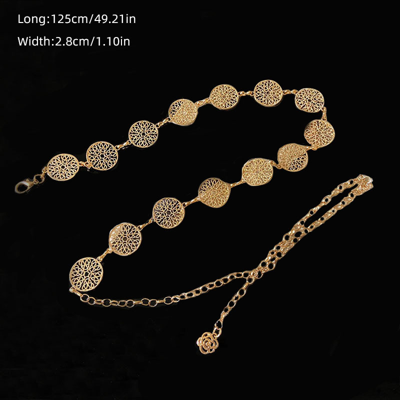Elegáns kerek fém öv nőknek Retro arany ezüst faragott üreges lánc hosszú övek divatos ruha dekoratív női derékpánt