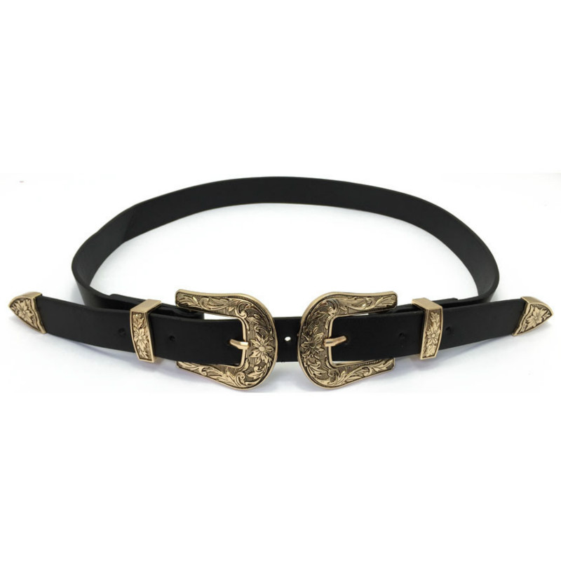 Új Hot Fashion Vintage faragott dizájn ötvözet fém bőr övek női dupla csatos deréköv öv Kiváló minőségű női