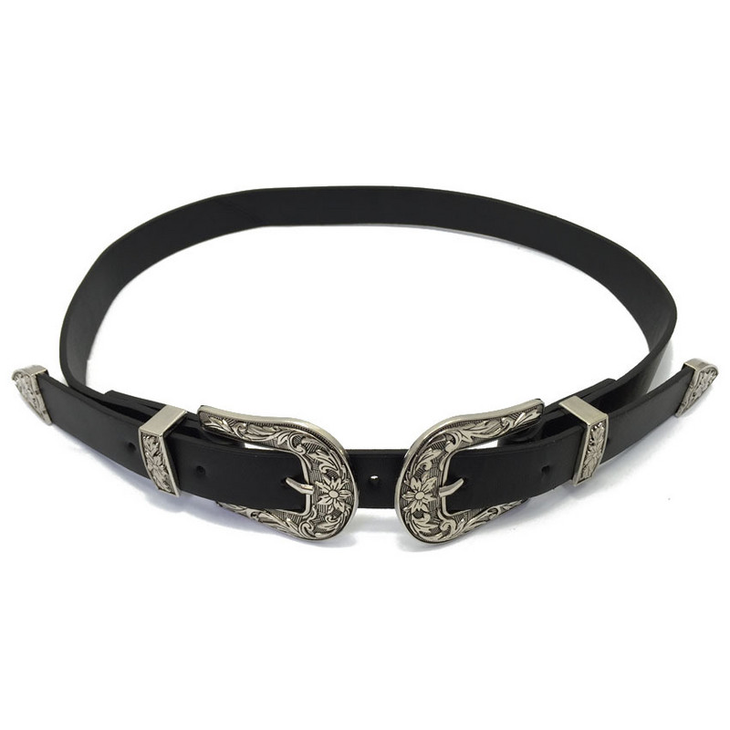 Új Hot Fashion Vintage faragott dizájn ötvözet fém bőr övek női dupla csatos deréköv öv Kiváló minőségű női