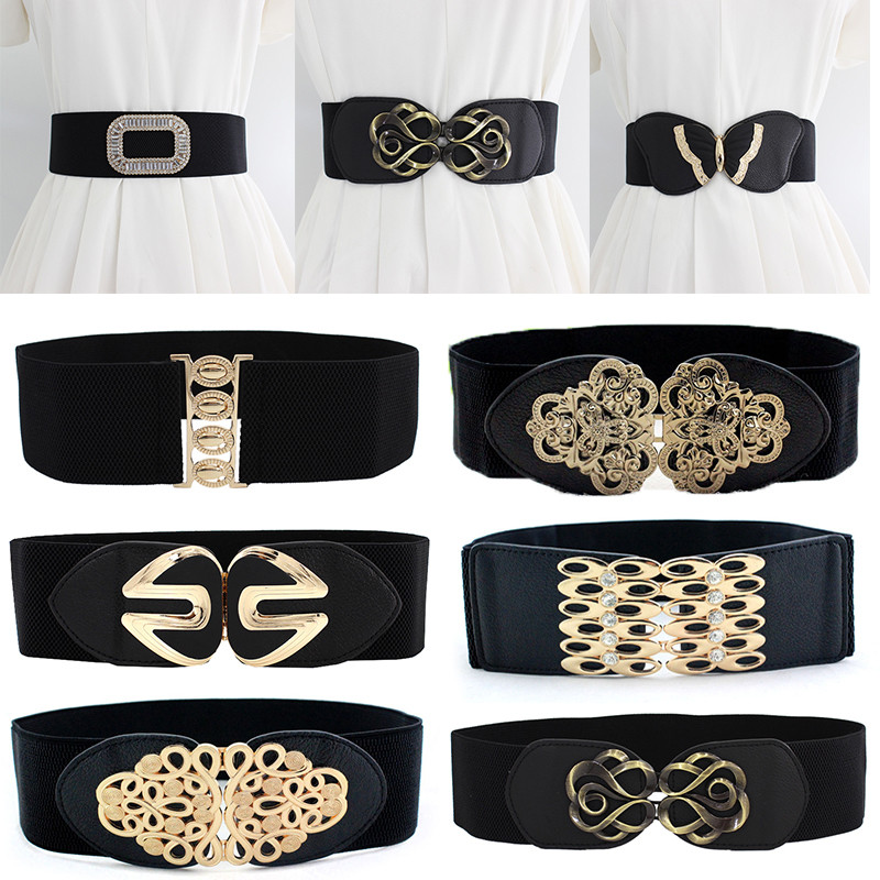 Divat széles derék öv sztreccs arany csatos fűző öv nagy méretű cummerband 65 cm elasztikus fekete derékpánt Vintage 6 cm széles öv