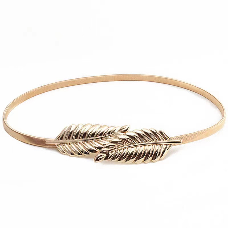 Elasztikus fém deréköv arany virágos levél alakú öv női tervezői ruhák sztreccs vékony pántos női állítható derékpánt