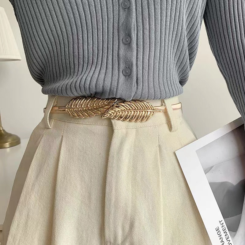 Elasztikus fém deréköv arany virágos levél alakú öv női tervezői ruhák sztreccs vékony pántos női állítható derékpánt