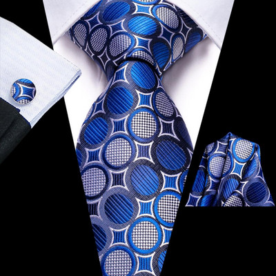Kék, fehér pöttyös selyem esküvői nyakkendő férfiaknak Handky mandzsettagomb Ajándék Férfi Nyakkendő Divat Üzleti Party Hi-Tie Designer
