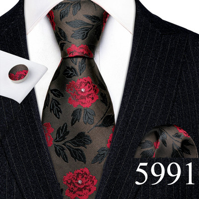 Desinger férfi nyakkendők piros barna fekete virágos selyem nyakkendő zseb négyzet mandzsettagomb készlet esküvői ajándék Barry·Wang 5991