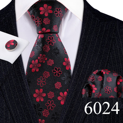 Desinger férfi nyakkendők piros barna fekete virágos selyem nyakkendő zseb négyzet mandzsettagomb készlet esküvői ajándék Barry·Wang 5991