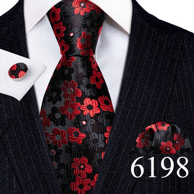 Desinger férfi nyakkendők piros barna fekete virágos selyem nyakkendő zseb négyzet mandzsettagomb készlet esküvői ajándék Barry·Wang 5991