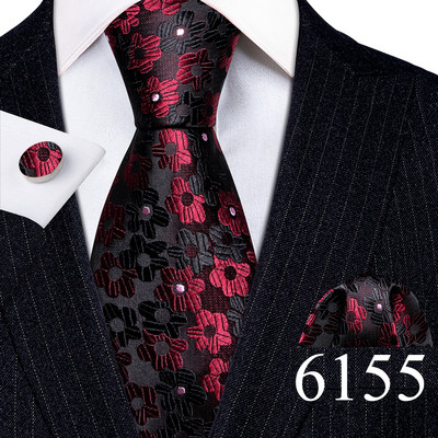 Desinger férfi nyakkendők piros barna fekete virágos selyem nyakkendő zseb négyzet mandzsettagomb készlet esküvői ajándék Barry·Wang 5991