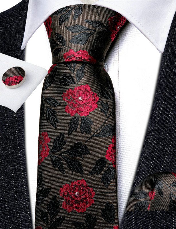 Desinger férfi nyakkendők piros barna fekete virágos selyem nyakkendő zseb négyzet mandzsettagomb készlet esküvői ajándék Barry·Wang 5991