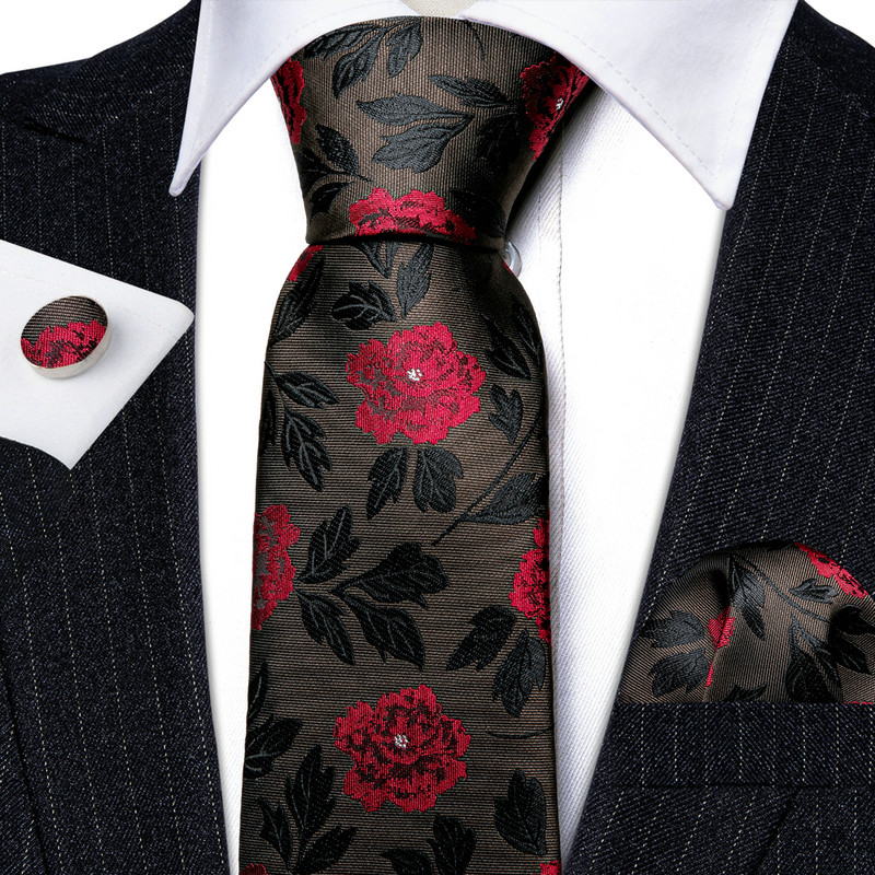 Desinger férfi nyakkendők piros barna fekete virágos selyem nyakkendő zseb négyzet mandzsettagomb készlet esküvői ajándék Barry·Wang 5991