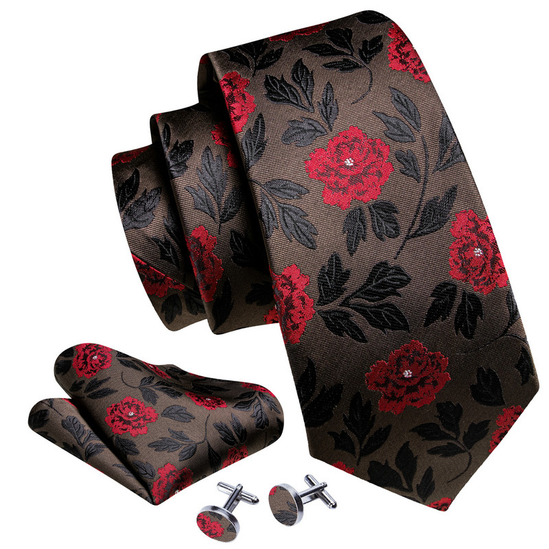 Desinger férfi nyakkendők piros barna fekete virágos selyem nyakkendő zseb négyzet mandzsettagomb készlet esküvői ajándék Barry·Wang 5991