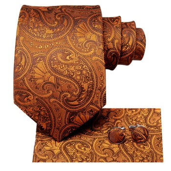 Hi-Te Orange Solid Σετ ανδρικής γραβάτας Paisley Μεταξωτή γαμήλια γραβάτα για άντρες Νέο σετ μανικετόκουμπα ποιότητας Hanky σχεδιαστή μόδας