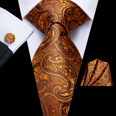 Hi-Tie narancssárga Solid Paisley férfi nyakkendő szett selyem esküvői nyakkendő férfiaknak Új divattervező minőségi Hanky mandzsettagomb szett