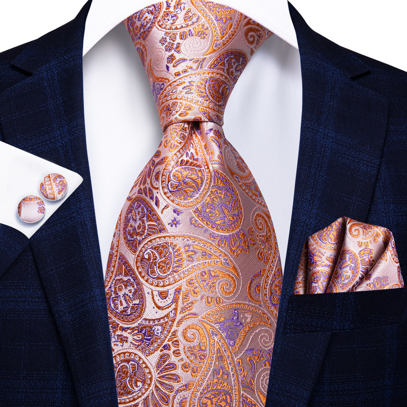 Hi-Tie narancssárga Solid Paisley férfi nyakkendő szett selyem esküvői nyakkendő férfiaknak Új divattervező minőségi Hanky mandzsettagomb szett