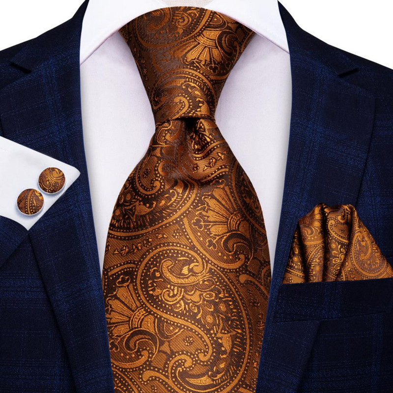 Hi-Tie narancssárga Solid Paisley férfi nyakkendő szett selyem esküvői nyakkendő férfiaknak Új divattervező minőségi Hanky mandzsettagomb szett