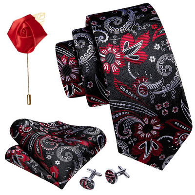 Férfi esküvői nyakkendő piros Paisley tömör selyem nyakkendő férfiaknak Gravat zsebkendő mandzsettagomb bross szett Barry.Wang Designer FA-5509