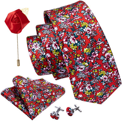 Férfi esküvői nyakkendő piros Paisley tömör selyem nyakkendő férfiaknak Gravat zsebkendő mandzsettagomb bross szett Barry.Wang Designer FA-5509