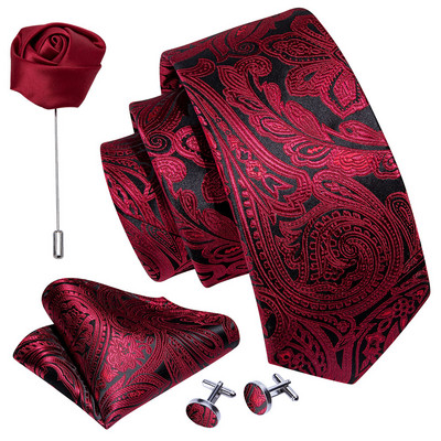 Férfi esküvői nyakkendő piros Paisley tömör selyem nyakkendő férfiaknak Gravat zsebkendő mandzsettagomb bross szett Barry.Wang Designer FA-5509