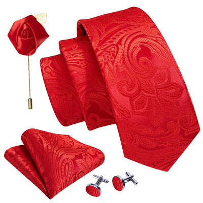 Férfi esküvői nyakkendő piros Paisley tömör selyem nyakkendő férfiaknak Gravat zsebkendő mandzsettagomb bross szett Barry.Wang Designer FA-5509