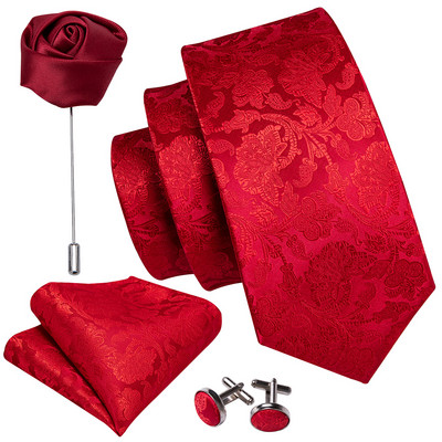 Férfi esküvői nyakkendő piros Paisley tömör selyem nyakkendő férfiaknak Gravat zsebkendő mandzsettagomb bross szett Barry.Wang Designer FA-5509