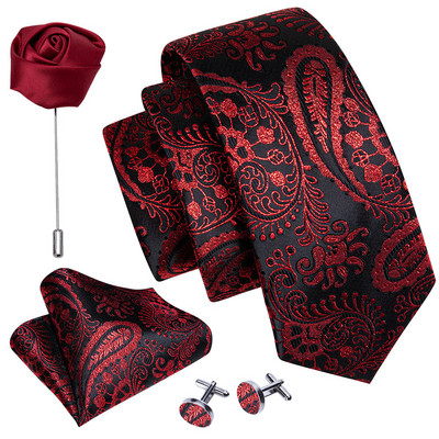 Férfi esküvői nyakkendő piros Paisley tömör selyem nyakkendő férfiaknak Gravat zsebkendő mandzsettagomb bross szett Barry.Wang Designer FA-5509