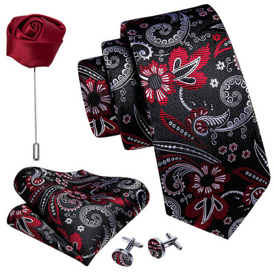 Férfi esküvői nyakkendő piros Paisley tömör selyem nyakkendő férfiaknak Gravat zsebkendő mandzsettagomb bross szett Barry.Wang Designer FA-5509