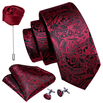 Férfi esküvői nyakkendő piros Paisley tömör selyem nyakkendő férfiaknak Gravat zsebkendő mandzsettagomb bross szett Barry.Wang Designer FA-5509