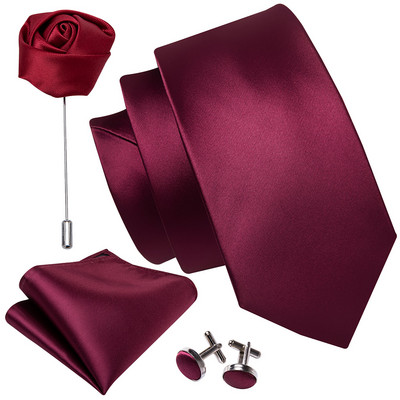 Férfi esküvői nyakkendő piros Paisley tömör selyem nyakkendő férfiaknak Gravat zsebkendő mandzsettagomb bross szett Barry.Wang Designer FA-5509