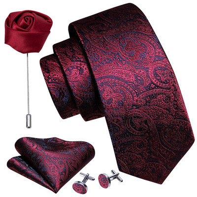 Férfi esküvői nyakkendő piros Paisley tömör selyem nyakkendő férfiaknak Gravat zsebkendő mandzsettagomb bross szett Barry.Wang Designer FA-5509