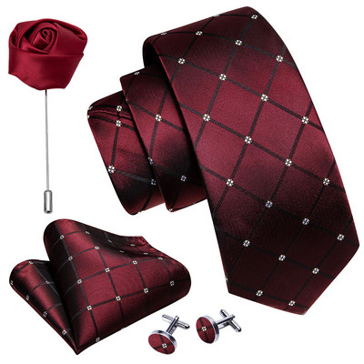 Férfi esküvői nyakkendő piros Paisley tömör selyem nyakkendő férfiaknak Gravat zsebkendő mandzsettagomb bross szett Barry.Wang Designer FA-5509
