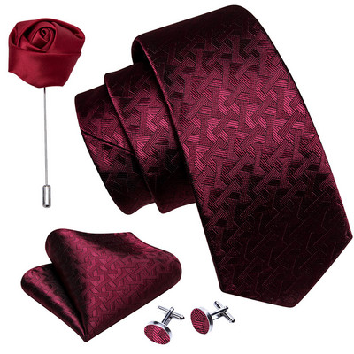 Férfi esküvői nyakkendő piros Paisley tömör selyem nyakkendő férfiaknak Gravat zsebkendő mandzsettagomb bross szett Barry.Wang Designer FA-5509