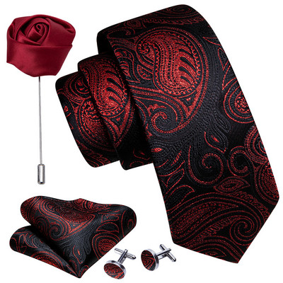 Férfi esküvői nyakkendő piros Paisley tömör selyem nyakkendő férfiaknak Gravat zsebkendő mandzsettagomb bross szett Barry.Wang Designer FA-5509