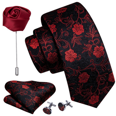 Férfi esküvői nyakkendő piros Paisley tömör selyem nyakkendő férfiaknak Gravat zsebkendő mandzsettagomb bross szett Barry.Wang Designer FA-5509