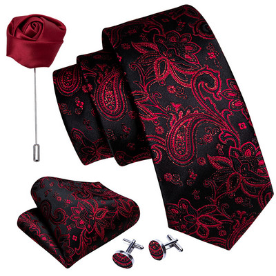 Férfi esküvői nyakkendő piros Paisley tömör selyem nyakkendő férfiaknak Gravat zsebkendő mandzsettagomb bross szett Barry.Wang Designer FA-5509