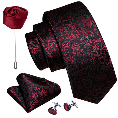 Férfi esküvői nyakkendő piros Paisley tömör selyem nyakkendő férfiaknak Gravat zsebkendő mandzsettagomb bross szett Barry.Wang Designer FA-5509
