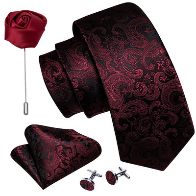 Férfi esküvői nyakkendő piros Paisley tömör selyem nyakkendő férfiaknak Gravat zsebkendő mandzsettagomb bross szett Barry.Wang Designer FA-5509