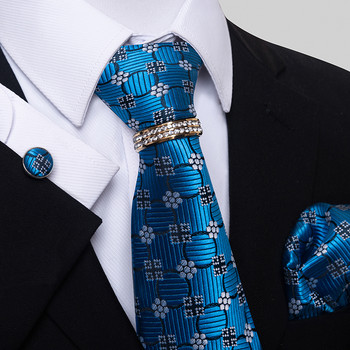Марка Луксозна 8 см 100% копринена вратовръзка Комплект копчета за ръкавели Gravata Вратовръзка за мъже Синя хомбре щампована сватбена офис рокля за деня на бащата