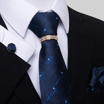 Марка Луксозна 8 см 100% копринена вратовръзка Комплект копчета за ръкавели Gravata Вратовръзка за мъже Синя хомбре щампована сватбена офис рокля за деня на бащата