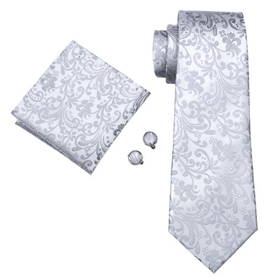 Divat fehér tömör férfi esküvői nyakkendő 8,5 cm selyem nyakkendő üzleti zsebkendő mandzsettagomb nyakkendő férfi ajándék szett Barry.Wang FA-5393