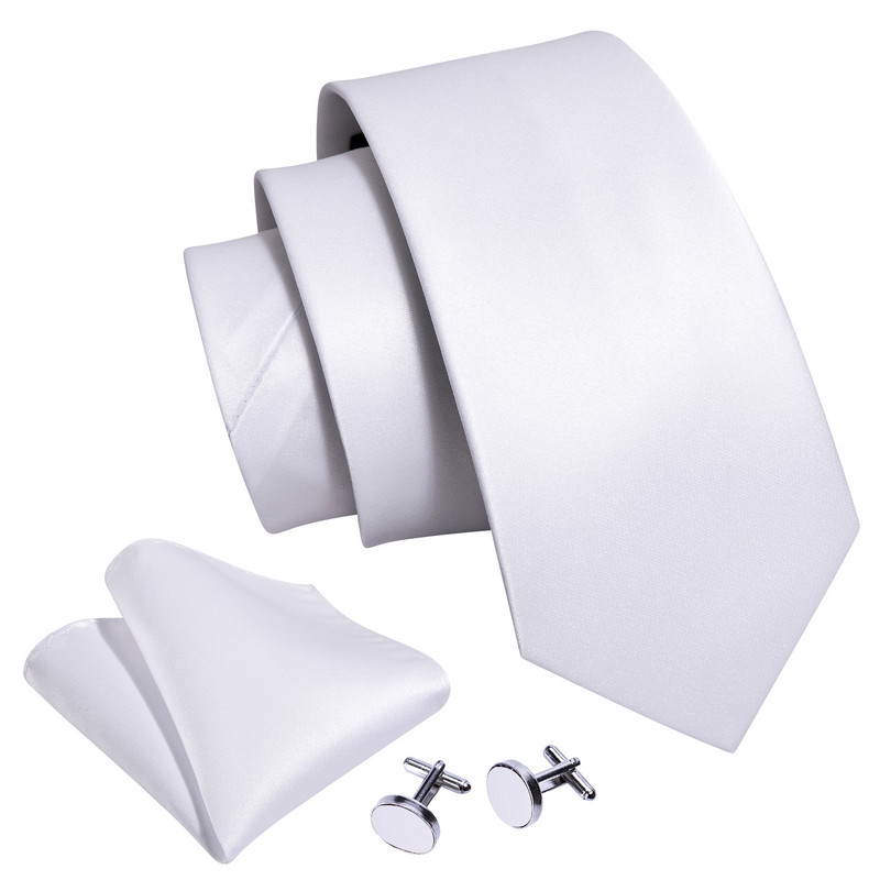 Divat fehér tömör férfi esküvői nyakkendő 8,5 cm selyem nyakkendő üzleti zsebkendő mandzsettagomb nyakkendő férfi ajándék szett Barry.Wang FA-5393