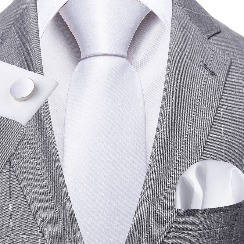 Divat fehér tömör férfi esküvői nyakkendő 8,5 cm selyem nyakkendő üzleti zsebkendő mandzsettagomb nyakkendő férfi ajándék szett Barry.Wang FA-5393