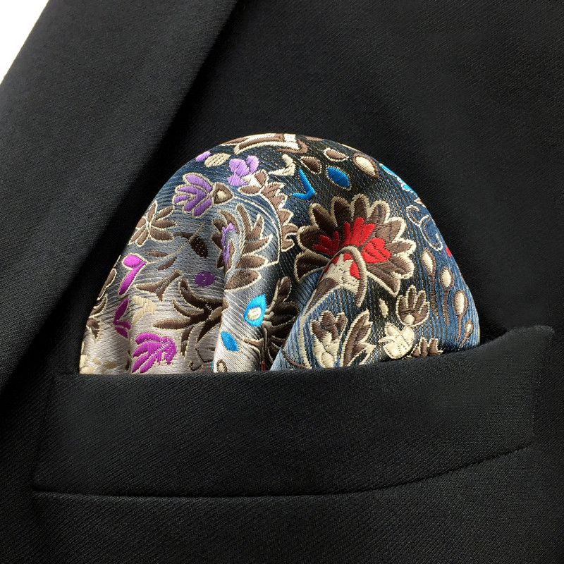 Kék virágos Paisley Mens Pocket Square Klasszikus selyemlila Hanky üzleti divat zsebkendő esküvő