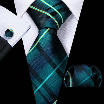 Lapel Pin Green Gold Dinosaur Férfi nyakkendő Zsebkendő Mandzsettagomb készlet 8,5 cm-es nyaktű üzleti selyem nyakkendő férfiaknak Barry.Wang Design