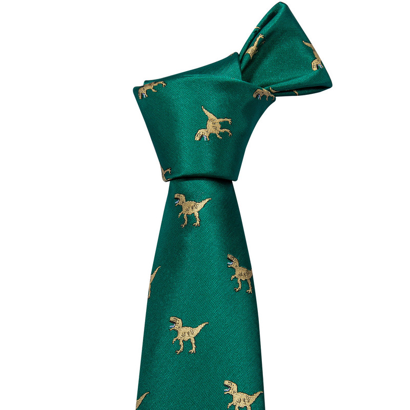 Lapel Pin Green Gold Dinosaur Férfi nyakkendő Zsebkendő Mandzsettagomb készlet 8,5 cm-es nyaktű üzleti selyem nyakkendő férfiaknak Barry.Wang Design