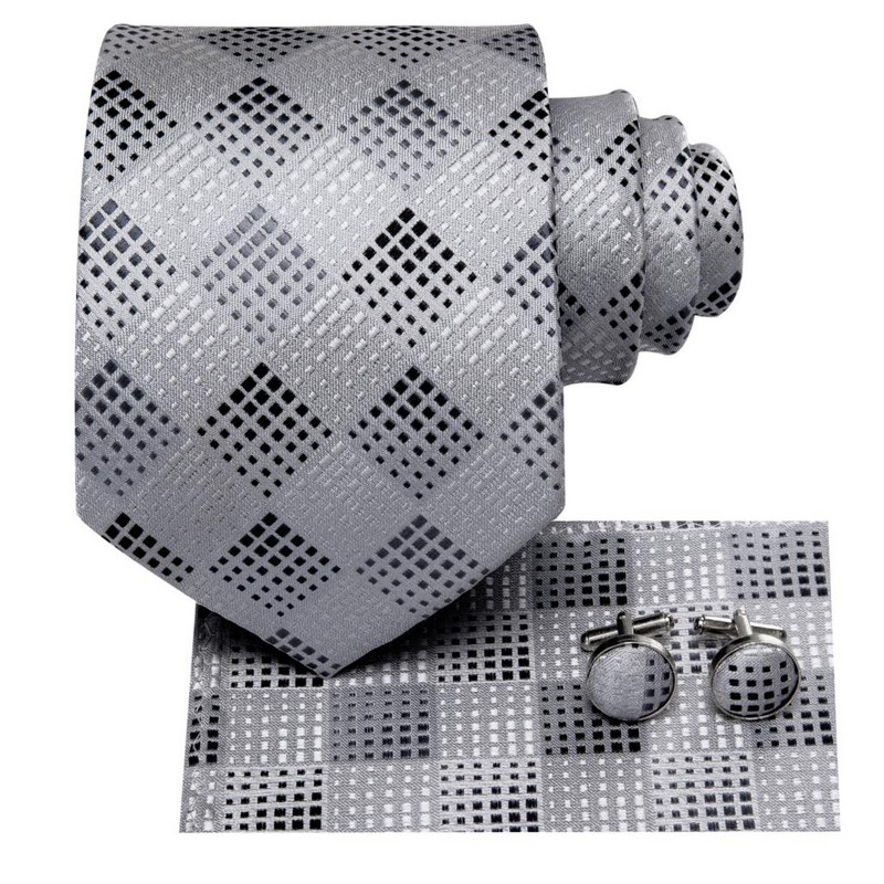 Hi-Tie ezüst tömör virágos újdonság nyakkendő férfiaknak selyem esküvői nyakkendő Handky mandzsettagomb szett Divattervező üzleti party