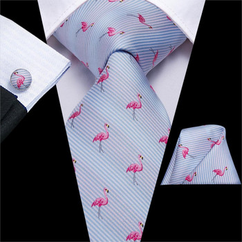 Hi-Te Flamingo Print Μεταξωτές γραβάτες για άντρες Μαντήλια Μανικετόκουμπα Σετ καρτούν Floral μεγάλη ανδρική γραβάτα Δώρο για άνδρες Jacquard Gravata