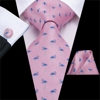 Hi-Tie Flamingo Print Selyem nyakkendők Férfi Zsebkendők Mandzsettagombok Szett Rajzfilm Virágos Nagy Férfi Nyakkendő Ajándék Férfi Jacquard Gravata