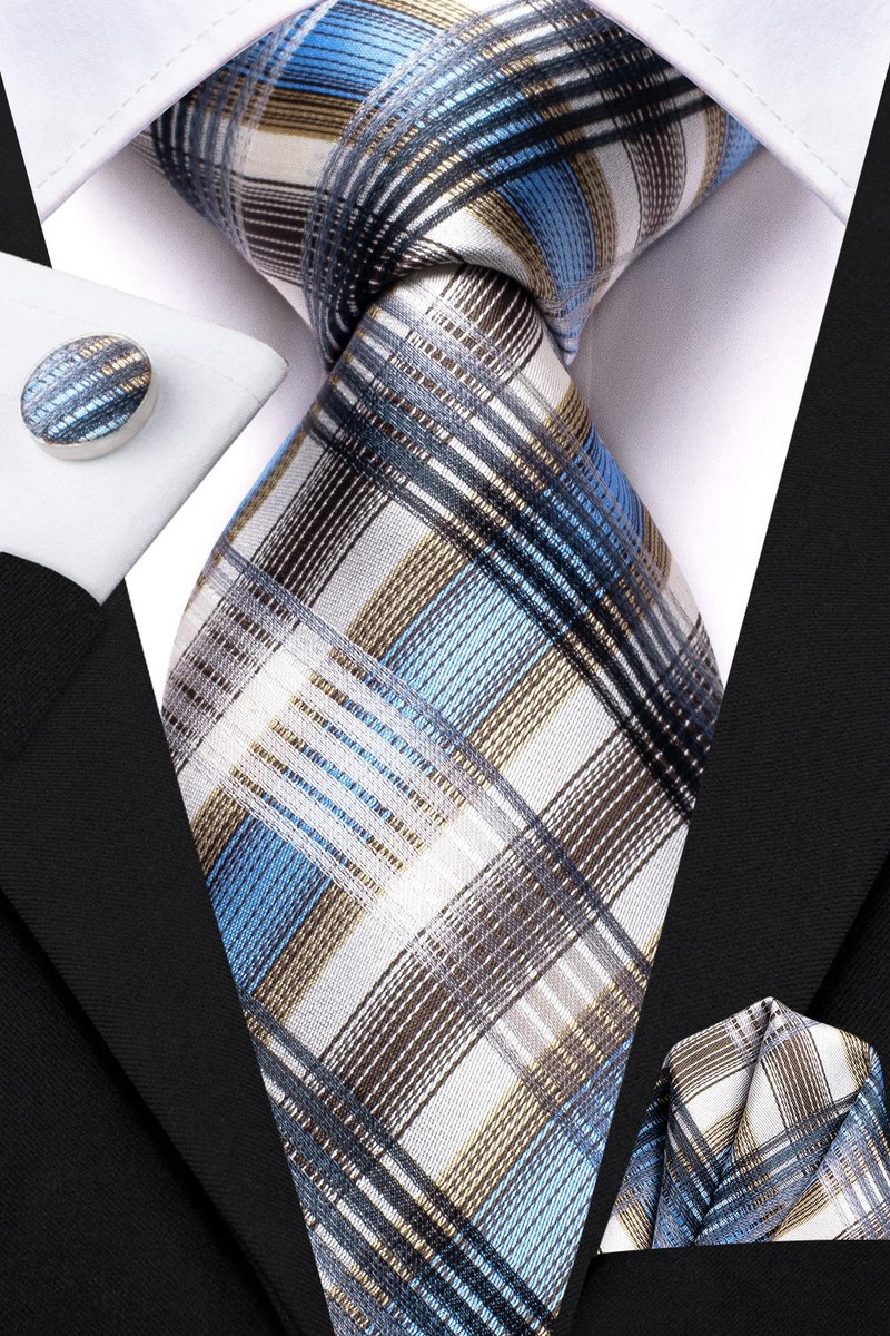 Cravată de nuntă din mătase în carouri, maro, albastru, pentru bărbați, cadou, cravată pentru bărbați